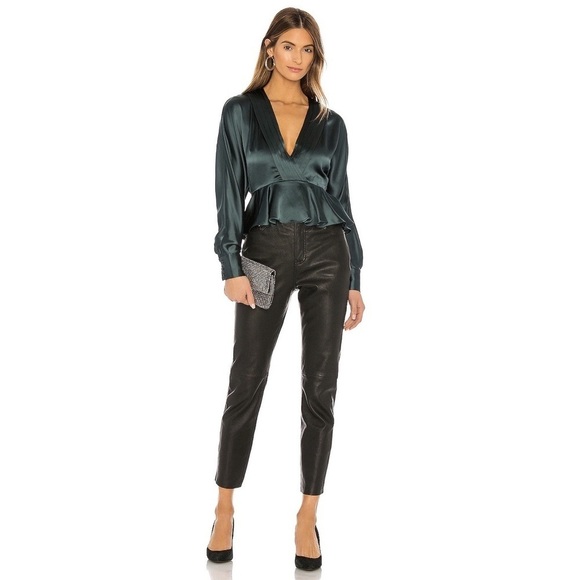 NBD Satin Bronson Wrap Front Blouse in Evergreen - Picture 8 of 9